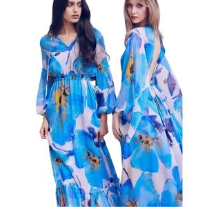 Misa Los Angeles Blue Amara Floral Sheer Chiffoh Tiered-Sleeve Maxi Dress